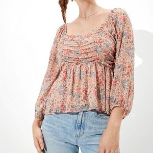 American Eagle chiffon ruched floral babydoll top